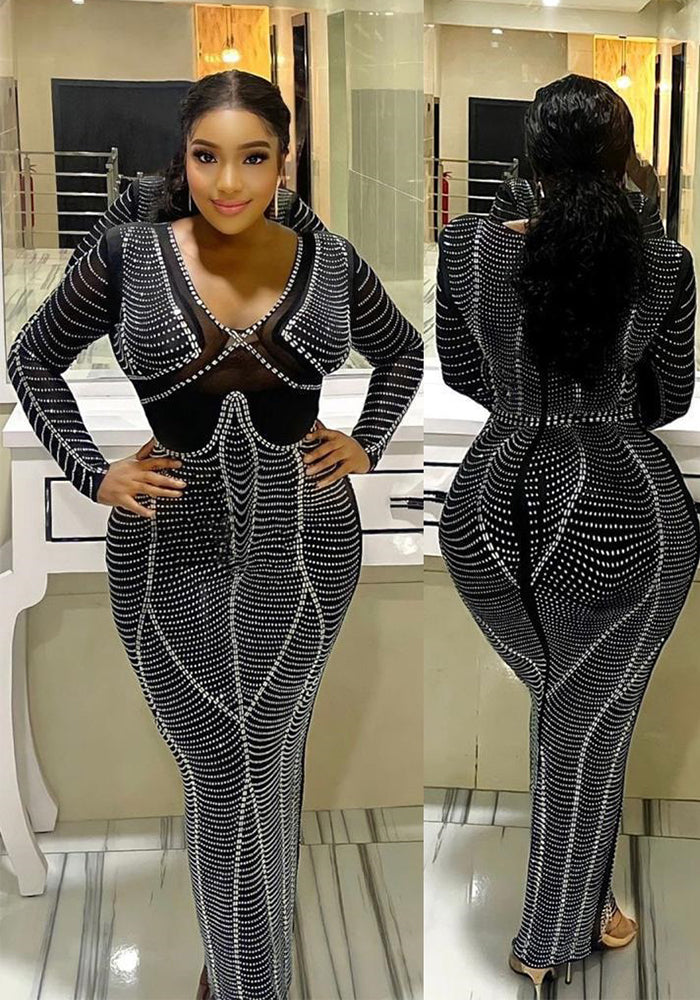 Women Beaded V Neck Sexy Bodycon Dress