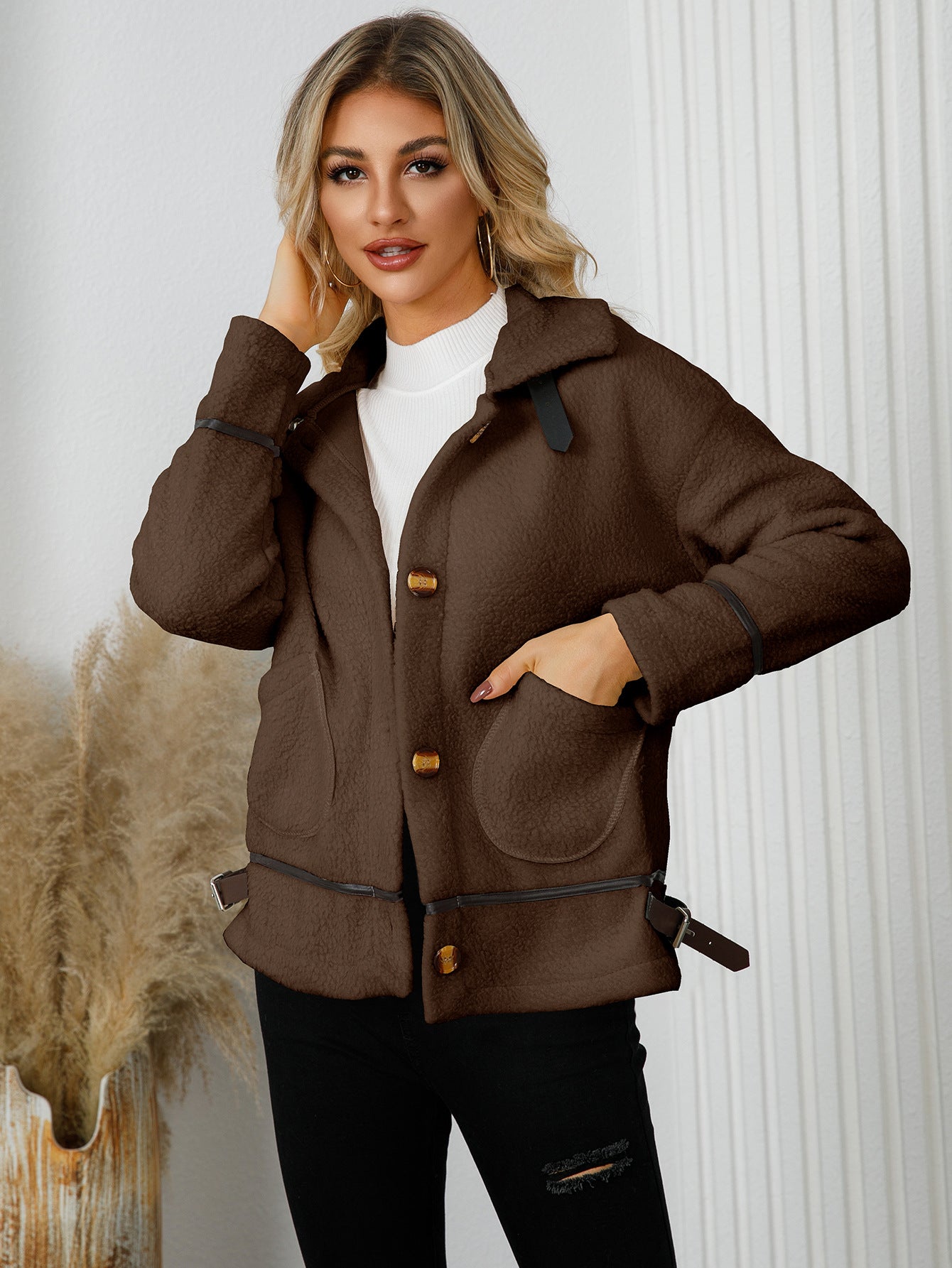 Women's Turndown Collar button lamb fleece jacket short coat 4