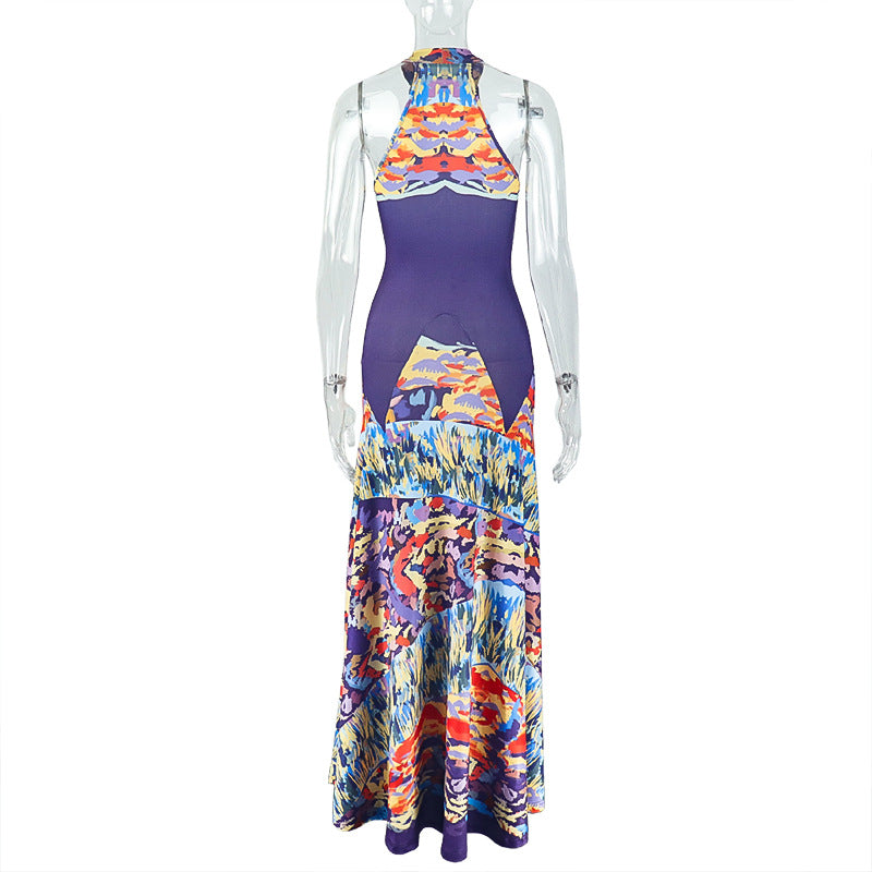 Printed High Collar Slim Waist Midi Pleated Dress 7