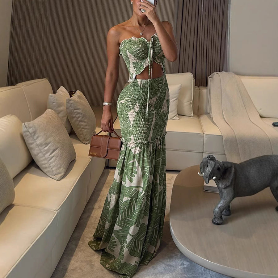 Spring/Summer Halter Neck Print Pleated Casual Loose Holiday Dress for Women 7