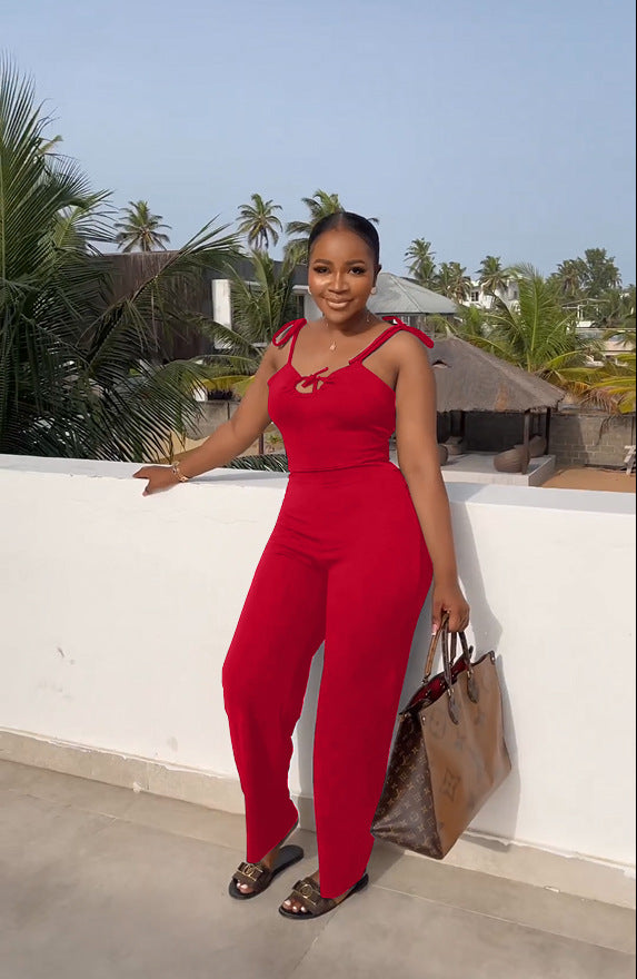 Spring Summer Women's Fashion Sexy Casual Women's Straps Lace-Up Solid Color Jumpsuit 4