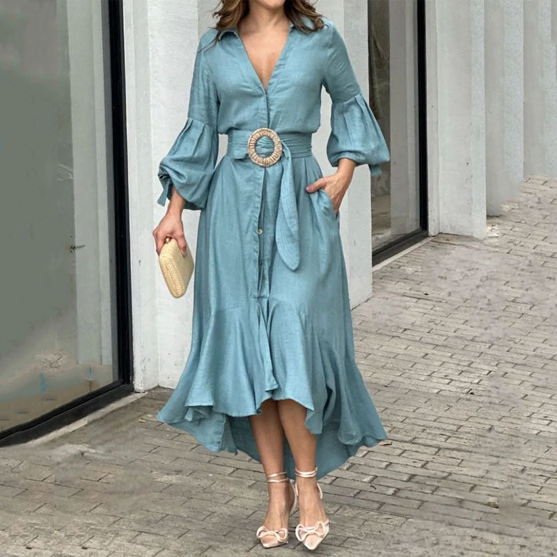Green Dress Western Dress Fashion Casual Full Sleeve V Neck Turndown Collar Solid & Pocket Maxi Dress 7