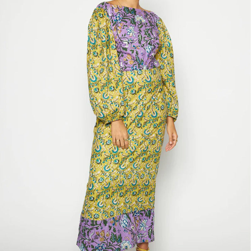 Women Floral Contrast Balloon Sleeve Backless Dress 11