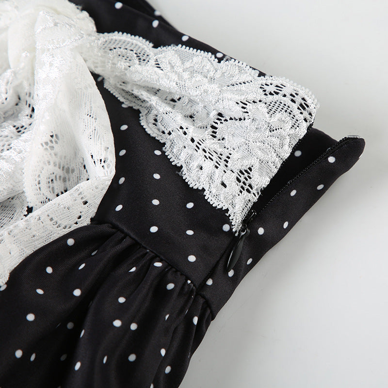 Women Summer French Lace Polka Dot Contrast Flower Bud Mini Dress 30
