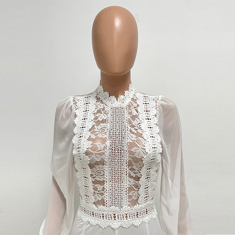 Women's High Waist High Collar Lace Long Sleeve Straight Leg Jumpsuit For Women 11