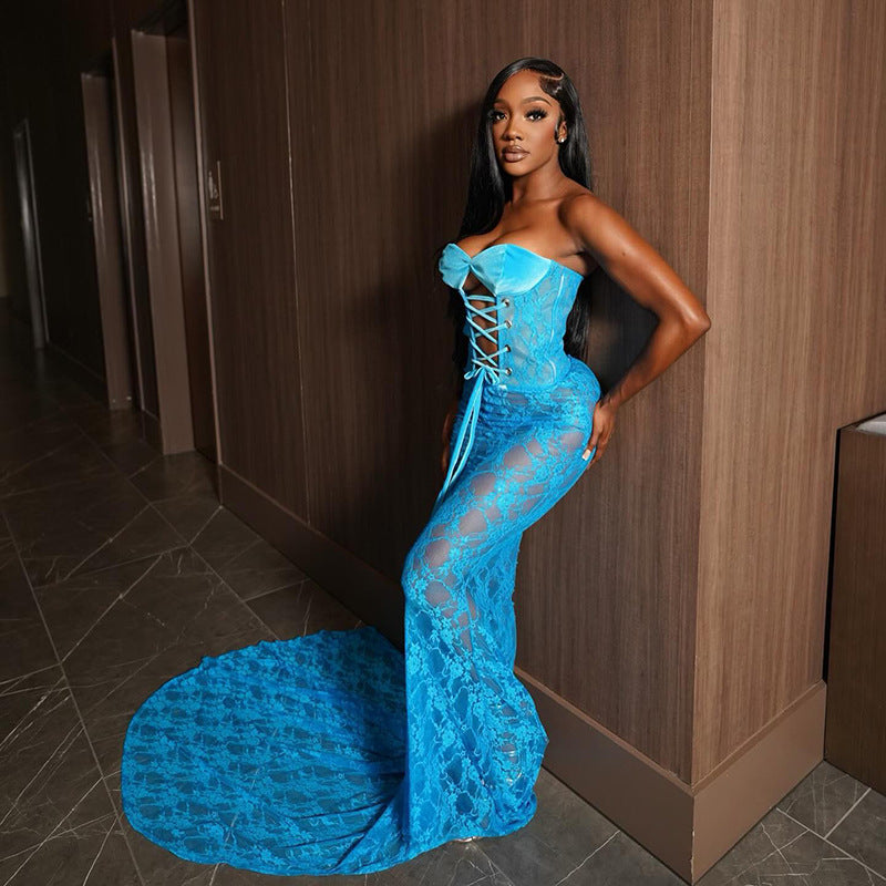 Women Mesh Lace-Up Strapless Dress 7