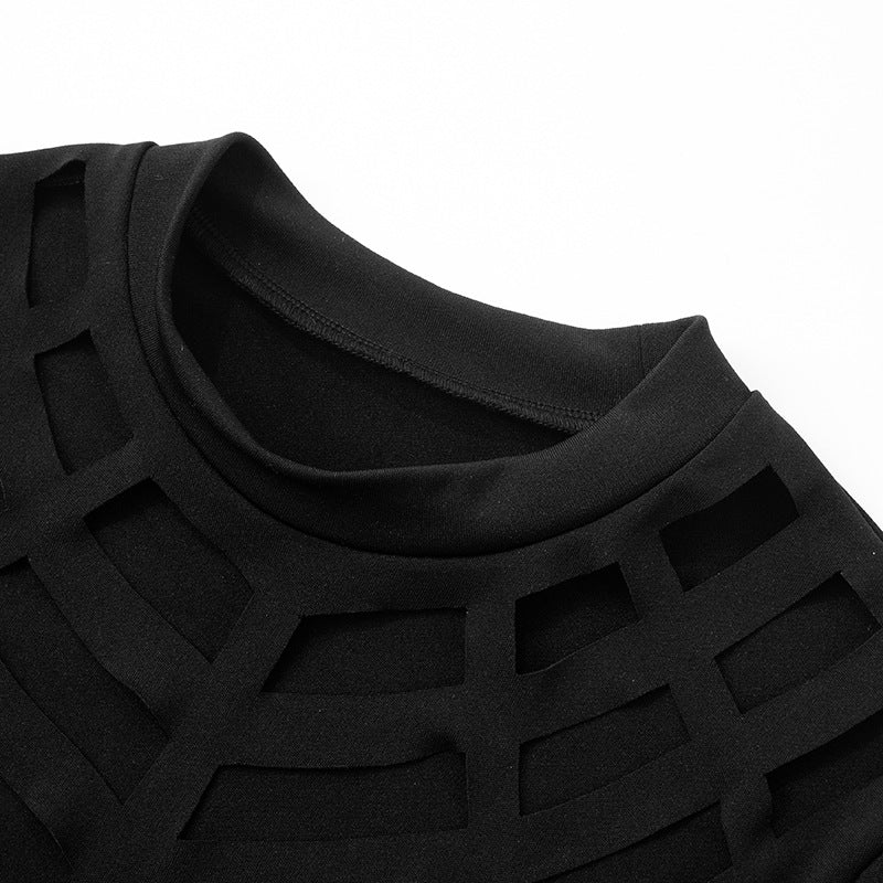 Women's summer fashion hollow solid color Patchwork Round Neck short sleeve slim dress 11