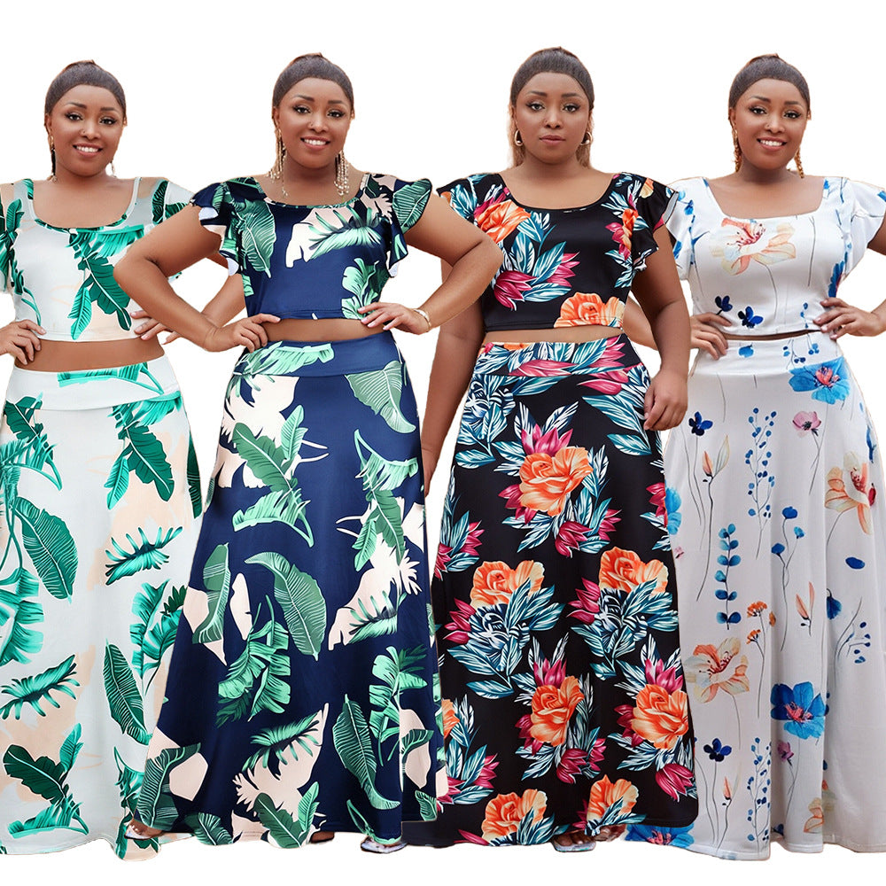 Plus Size Women Women Casual Ruffle Sleeve Printed Top and Long Skirt Two-piece Set 14