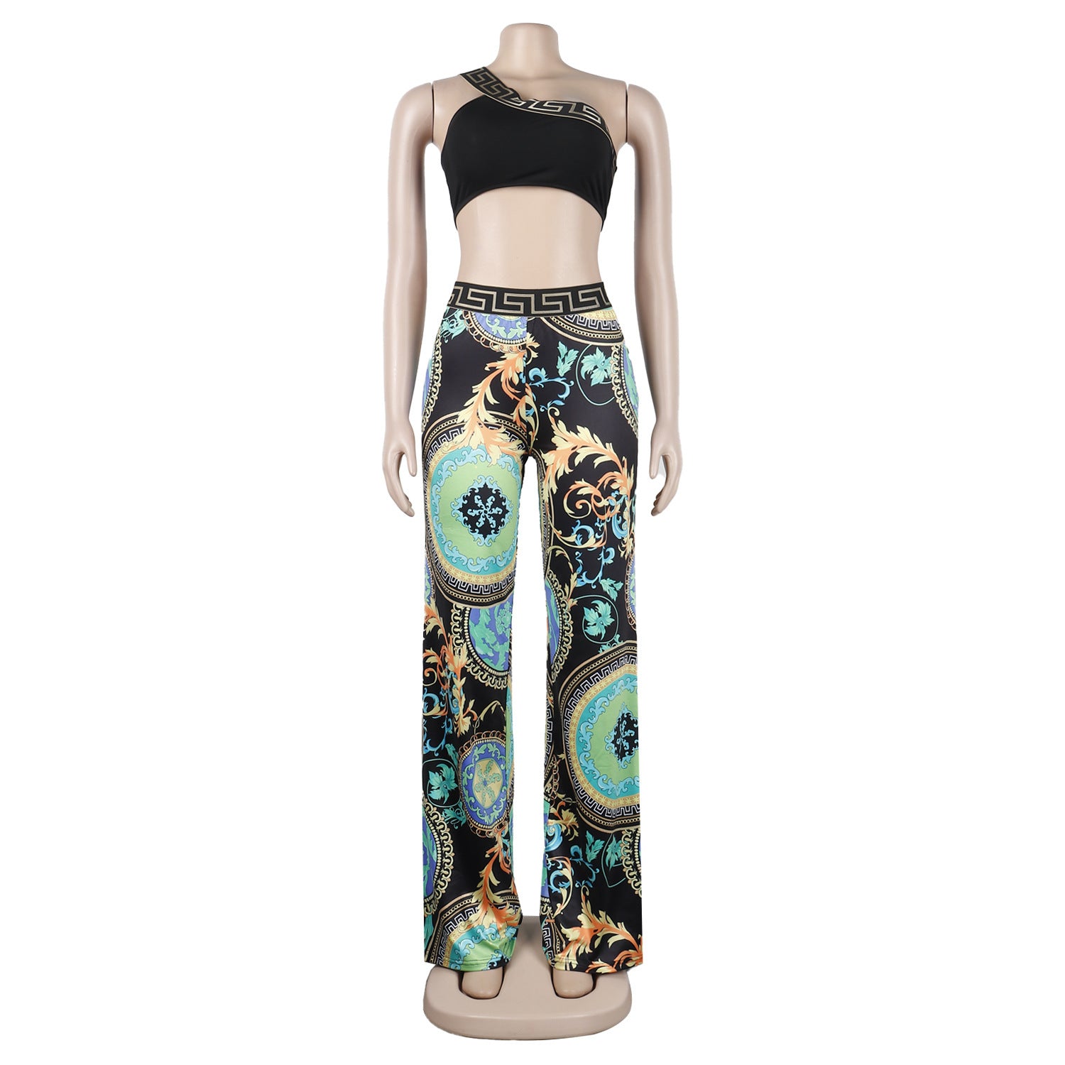 Sexy Slim Print Slash Shoulder Sleeveless Crop Top Pants Two-Piece Nightclub Suit 11