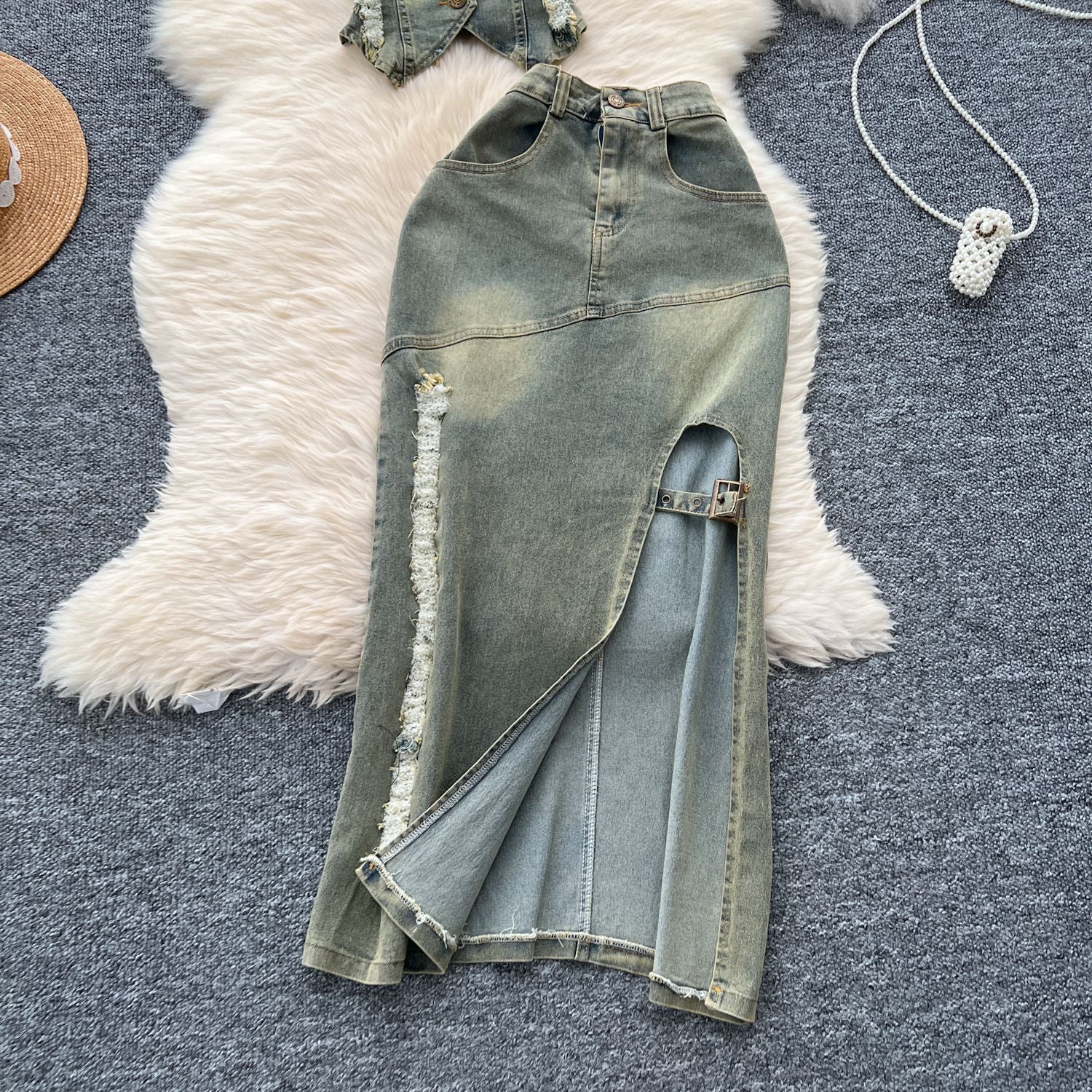 Turn Down Collar Distressed Denim Halter Top Slit Skirt Set 22