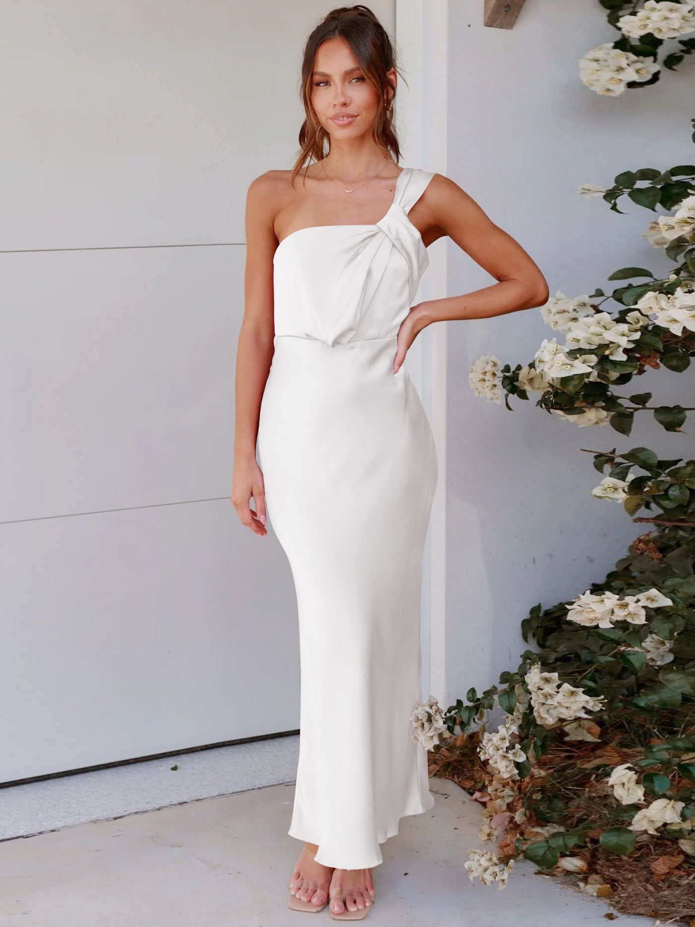 Women's sleeveless one-shoulder long dress satin Formal Party fishtail evening dress 13