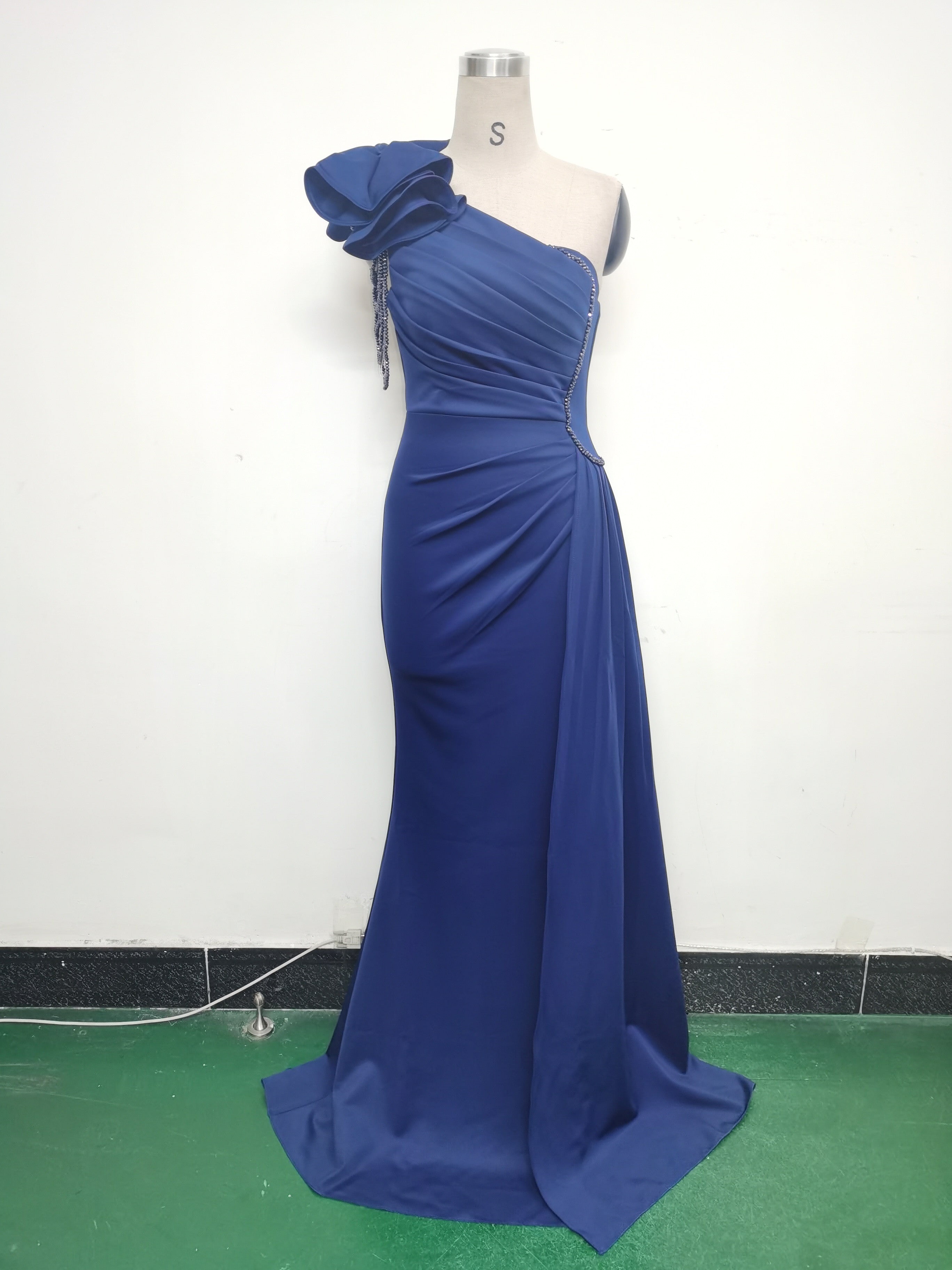 Women Beaded Flower Pleated Off-shoulder Split Evening Dress 24