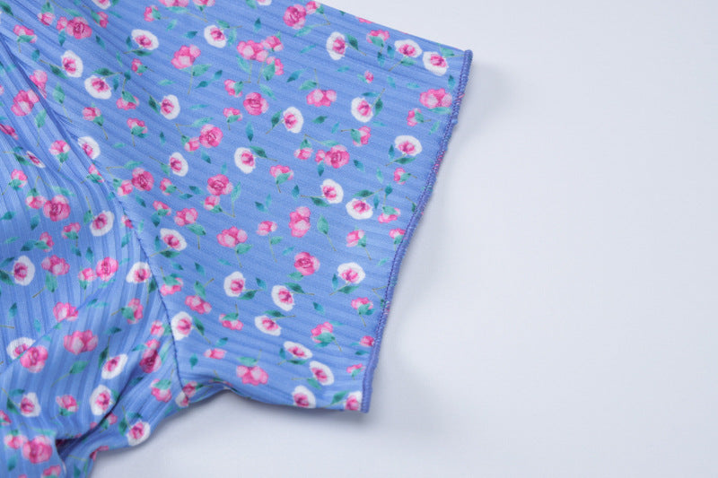 Women Summer Printed U-neck Lace-Up Short Sleeve Dress 17