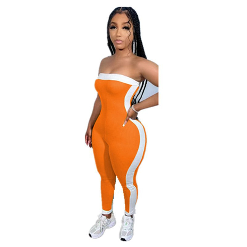 Strapless Color Block Sexy Tight Fitting Sporty Jumpsuit 12