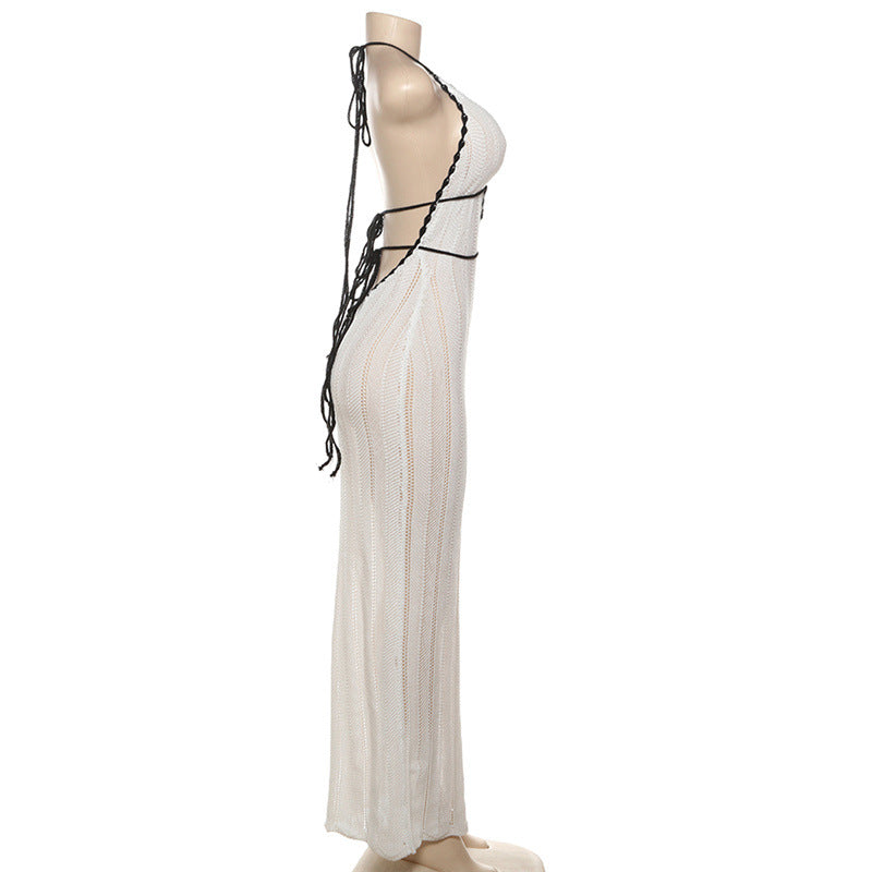 Summer Women's Fashion Sexy V-Neck Halter Neck Low-Back Knitted Dress 8