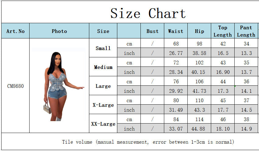 Summer Denim Beaded Butterfly Lace-Up Irregular Top Shorts Set 6