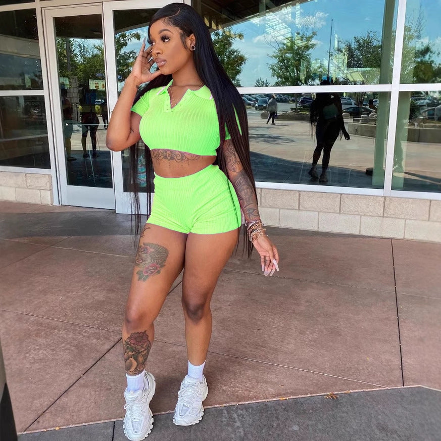 Women's Sports Casual Cropped Top Shorts Solid Color Two-piece Set 5