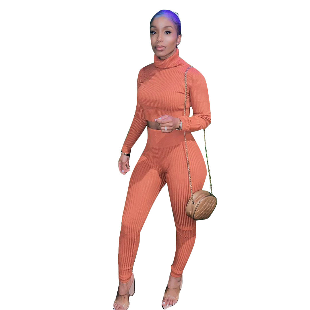 Women's Winter Fashionable solid knitting Long Sleeve Two Piece Pants set 5