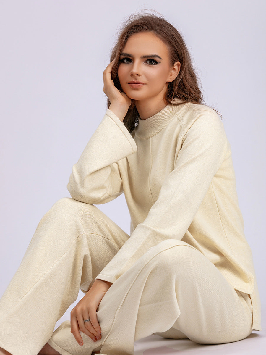 Women autumn and winter loose solid sweater and slit wide-leg pants two-piece set 6