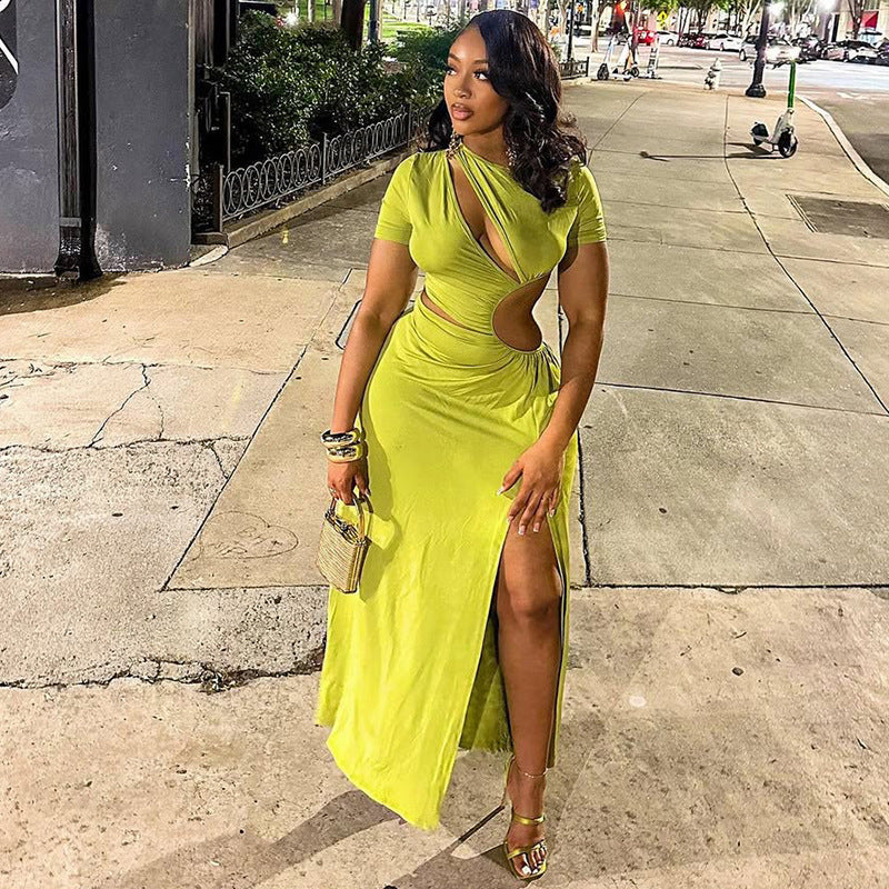 Chic Women's Fashion Cut-Out Slit Irregular Round Neck Solid Color Pleated Dress 5