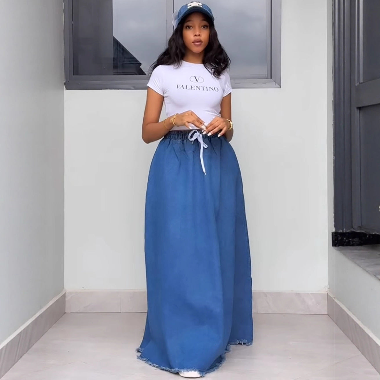 Women's Fashion Washed Solid Color Drawstring High Waist Ruffle Long Denim Skirt