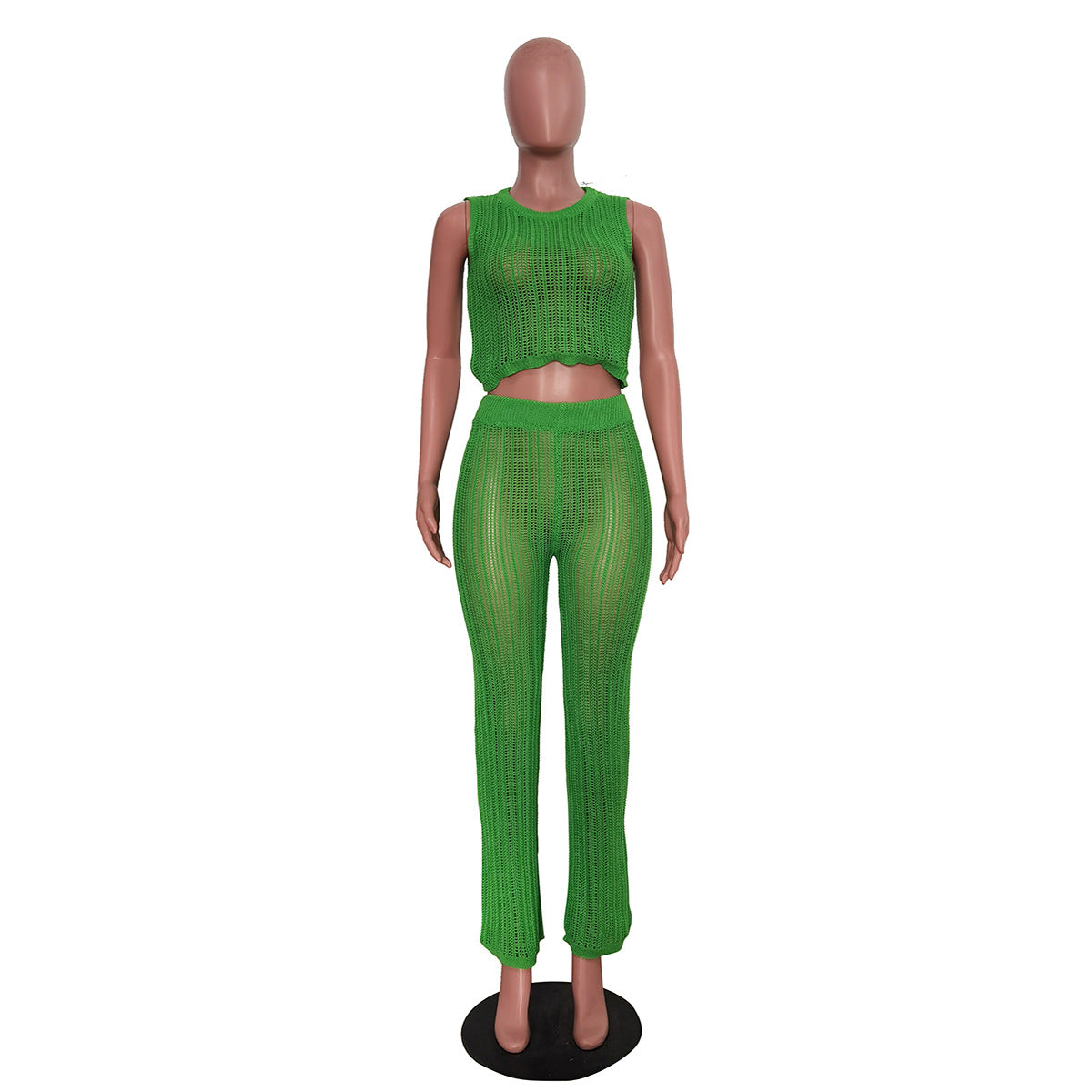 Women's Casual Hollow Knitting Sleeveless Two Piece Pants Set 14