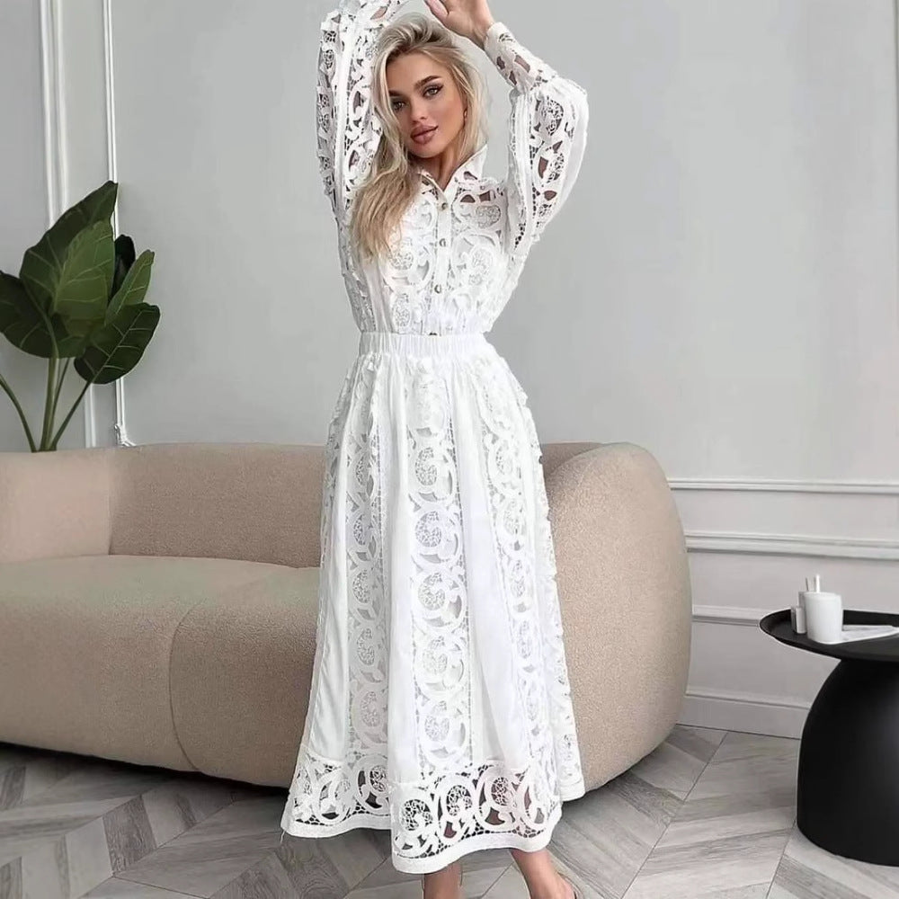 Autumn Lace Sheer Embroidered Blouse High Waist Midi Skirt Set 4