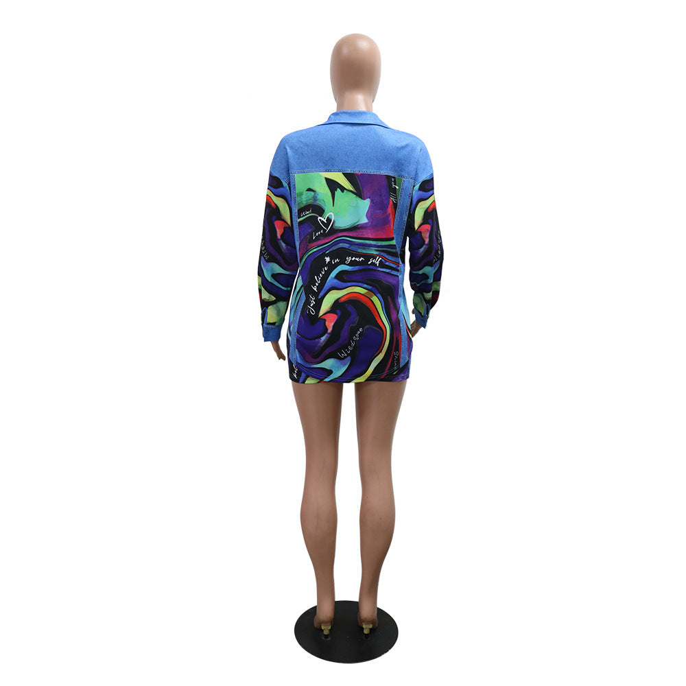 Women's Printed Turndown Collar Long Sleeve Shirt Top Sexy Slim Bodycon Short Skirt Two-Piece Set 8