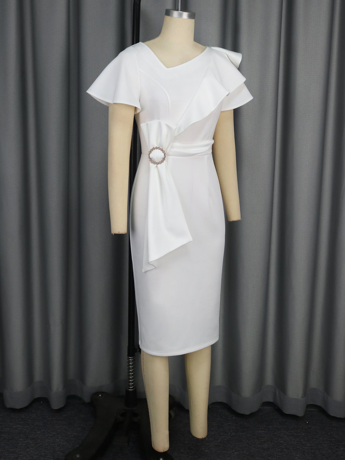 Women Elegant Slash Shoulder Ruffle Bodycon Bow Dresses 11