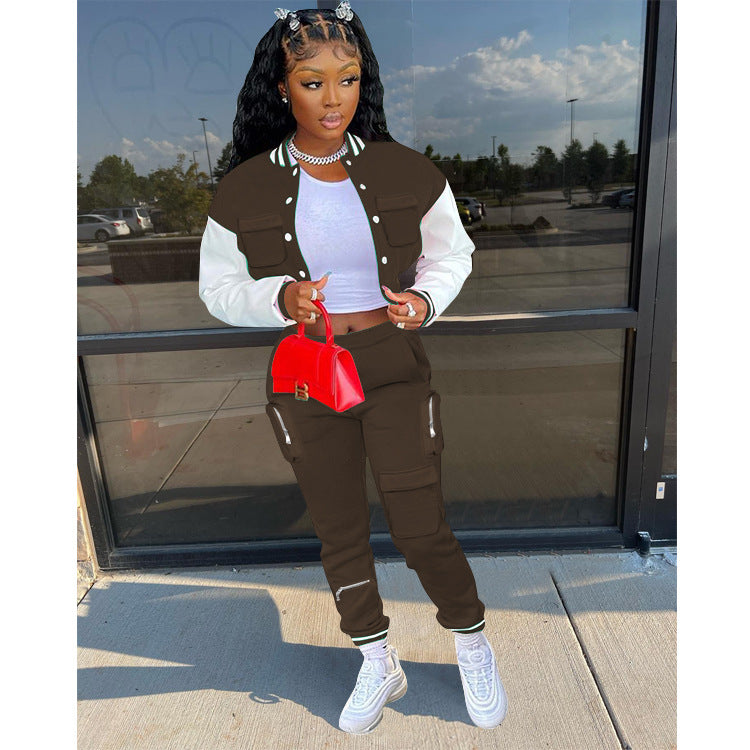 Women's Fall/Winter Casual Cargo Style Color Block Baseball Jacket Sweatpants Sports Two Piece Set 4