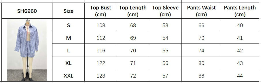 Women African Long-Sleeved Casual Striped Cardigan Shirt and Shorts Two-Piece Set 11