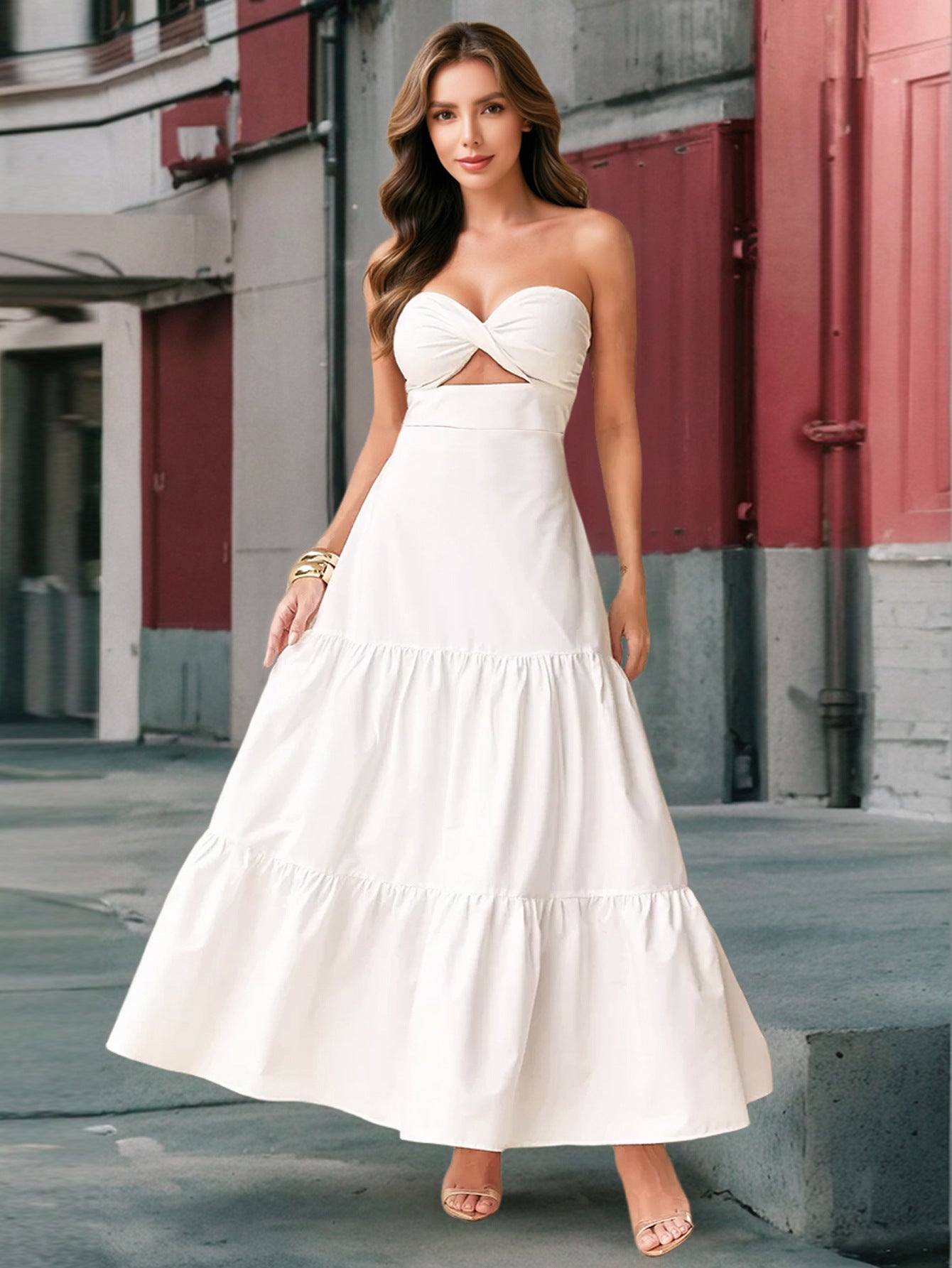 Women sexy suspender Halter Neck Cascading Ruffles Dress