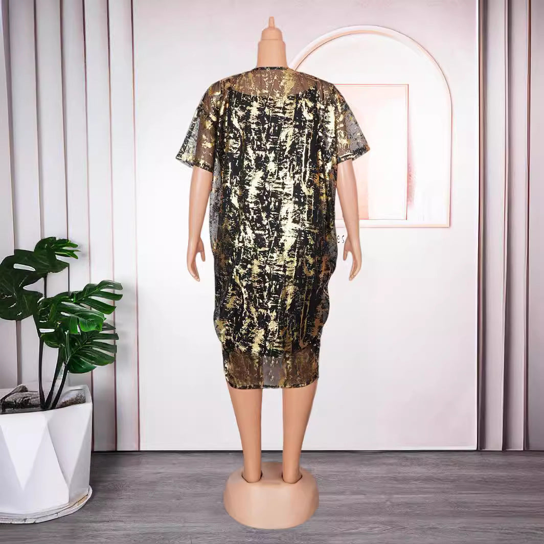 African Plus Size Women's Shiny Mesh Dress Strap Solid Basic Dress Two Piece Set 10