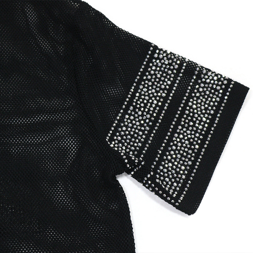 Women See-Through Round Neck Sexy Slit Beaded Top 22