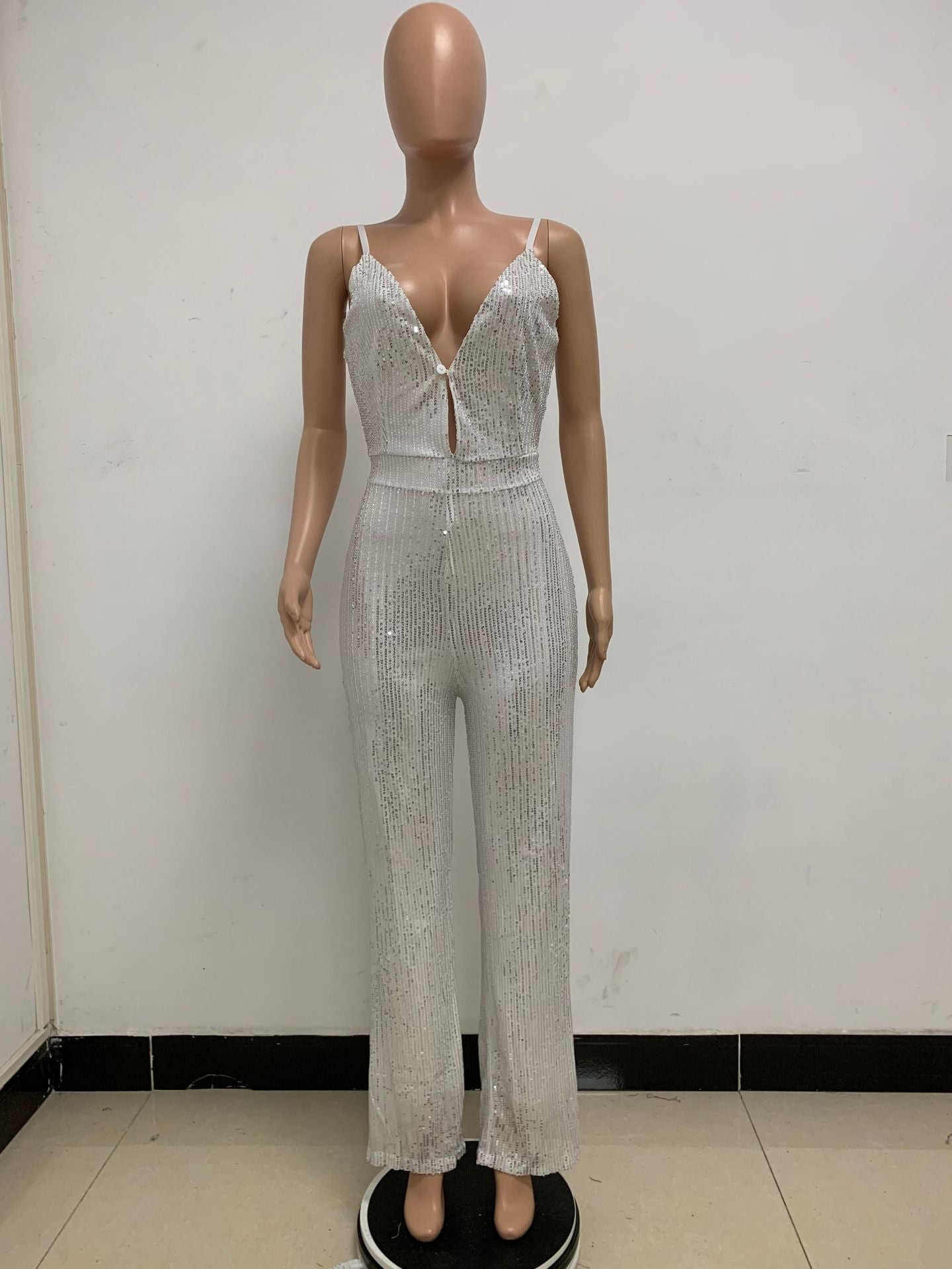 Deep V Neck Low Back Sleeveless Chic Sequined Straps Elegant Women's Party Jumpsuit 139