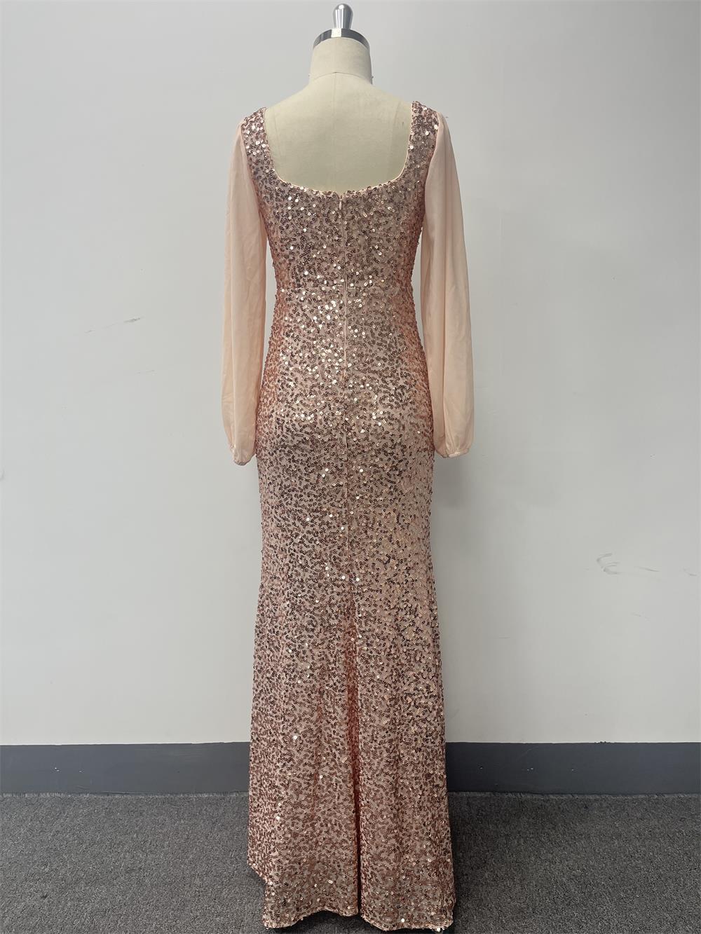 Women's  Sexy U-Neck Long Sleeve Shiny Evening Dress Chiffon Patchwork High Slit Pleated Long Dress 12