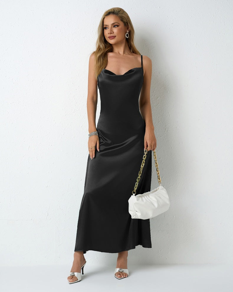 Women Pleated Sleeveless Satin Dress 9
