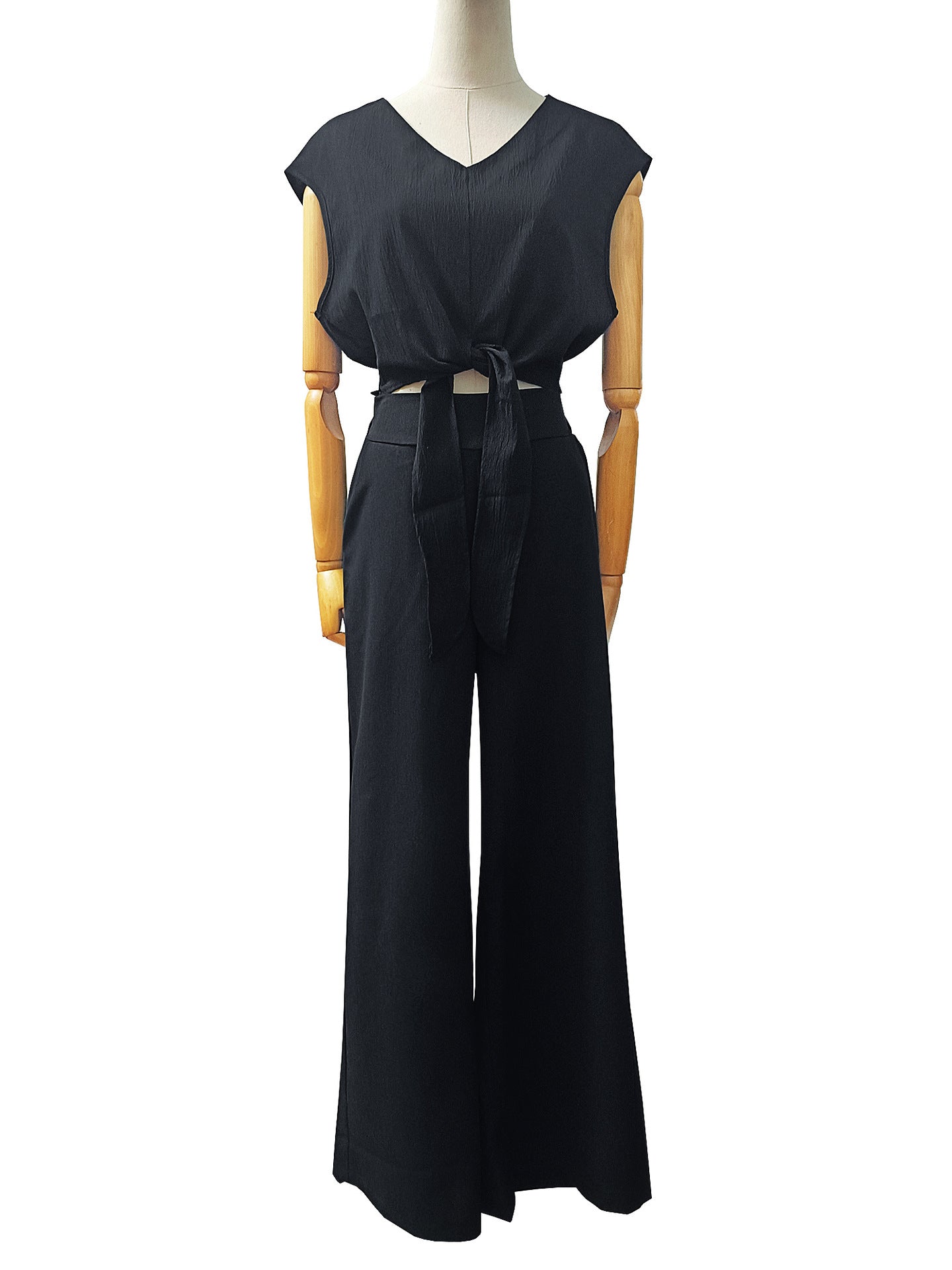 Summer Cap Sleeve V-Neck Lace Crop Top High Waist Slim Wide Leg Pants Set 7