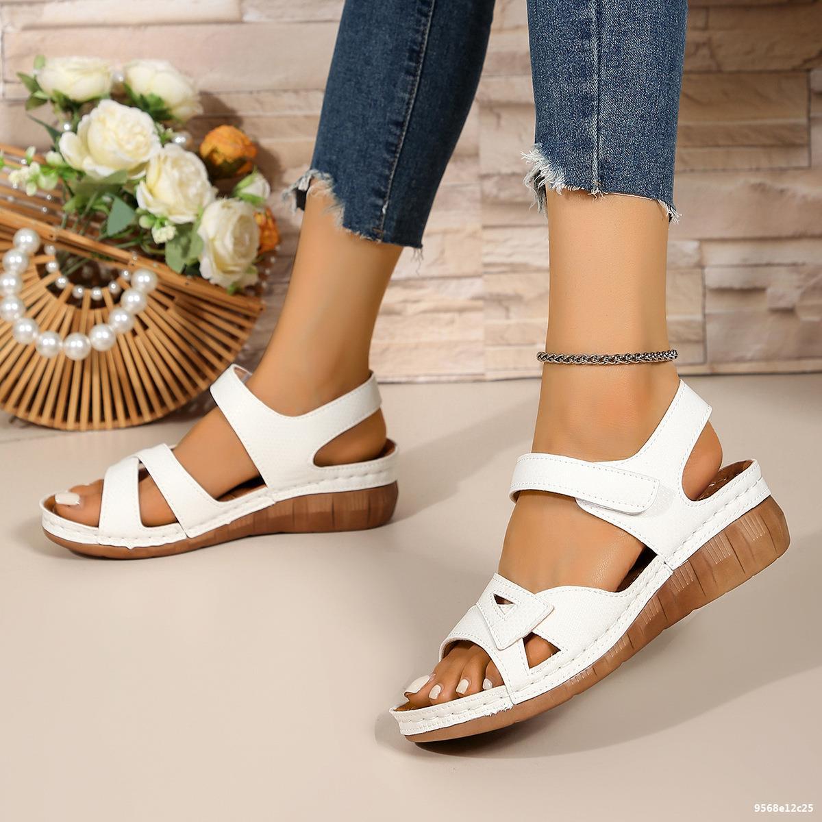 Plus Size Casual Peep-Toe Outdoor Wear Hook-and-Loop Wedge Thick Sole Sandals Women 3