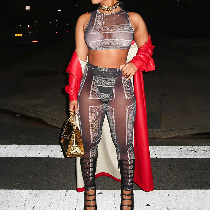 Fashion Summer Sexy See-Through Sleeveless Vest Butt Lift Basic Pants Two Piece Set