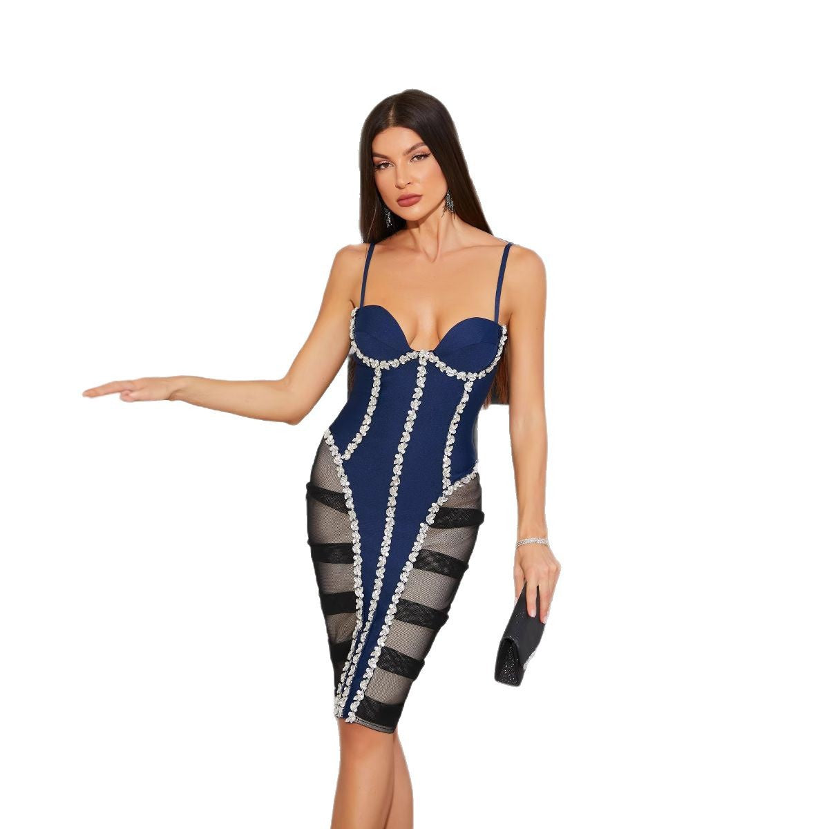 Women Suspender Diamond Mesh Patchwork Dress 5