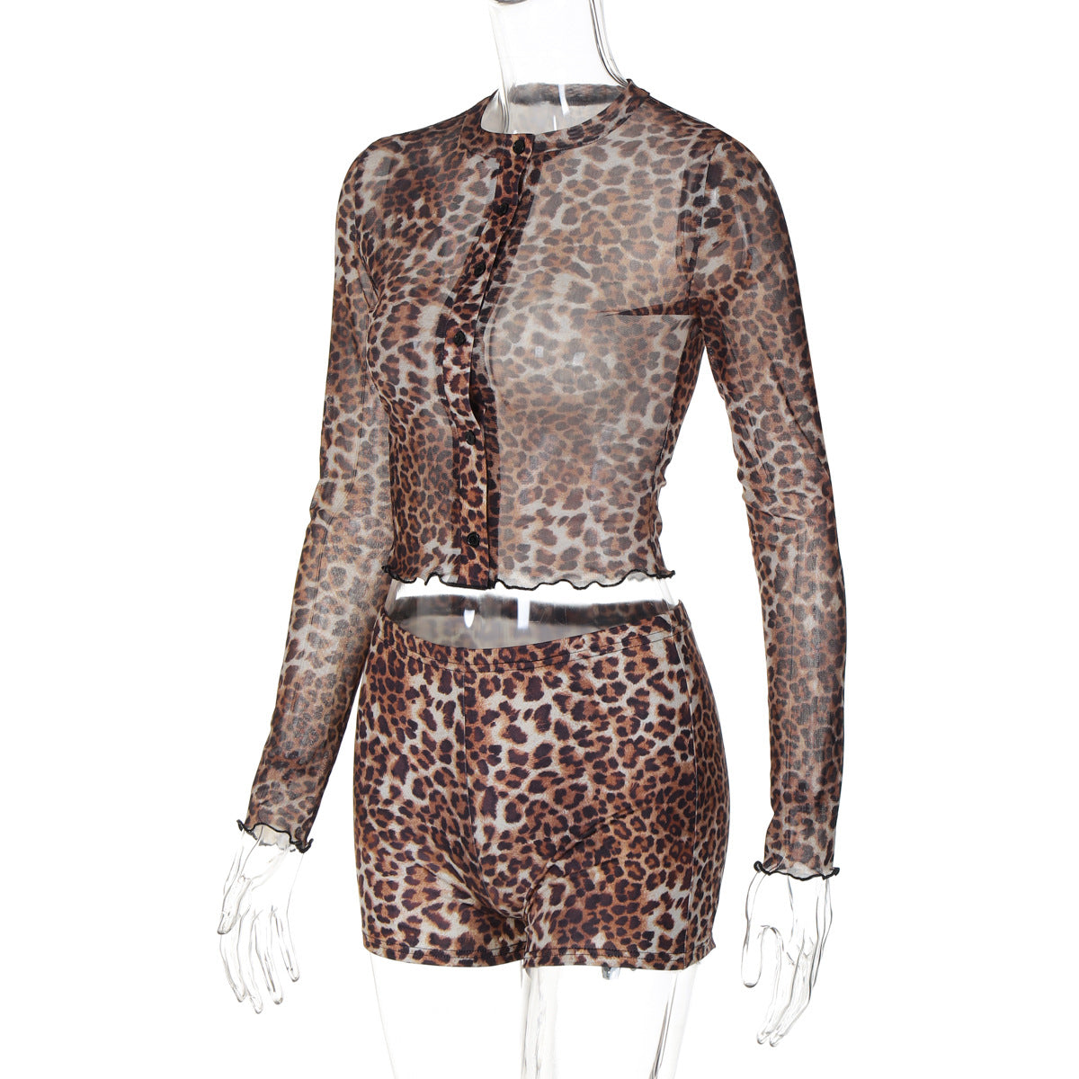 Women's autumn sexy leopard printed mesh long-sleeved top slim shorts two piece set 7