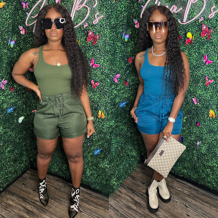 Women's Fashion Solid Color Two Piece Vest Loose Casual Shorts Summer Two Piece Set 6