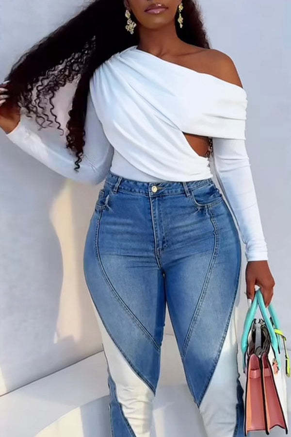 Women's Solid Color Slash Shoulder Hollow Long Sleeve Top 3