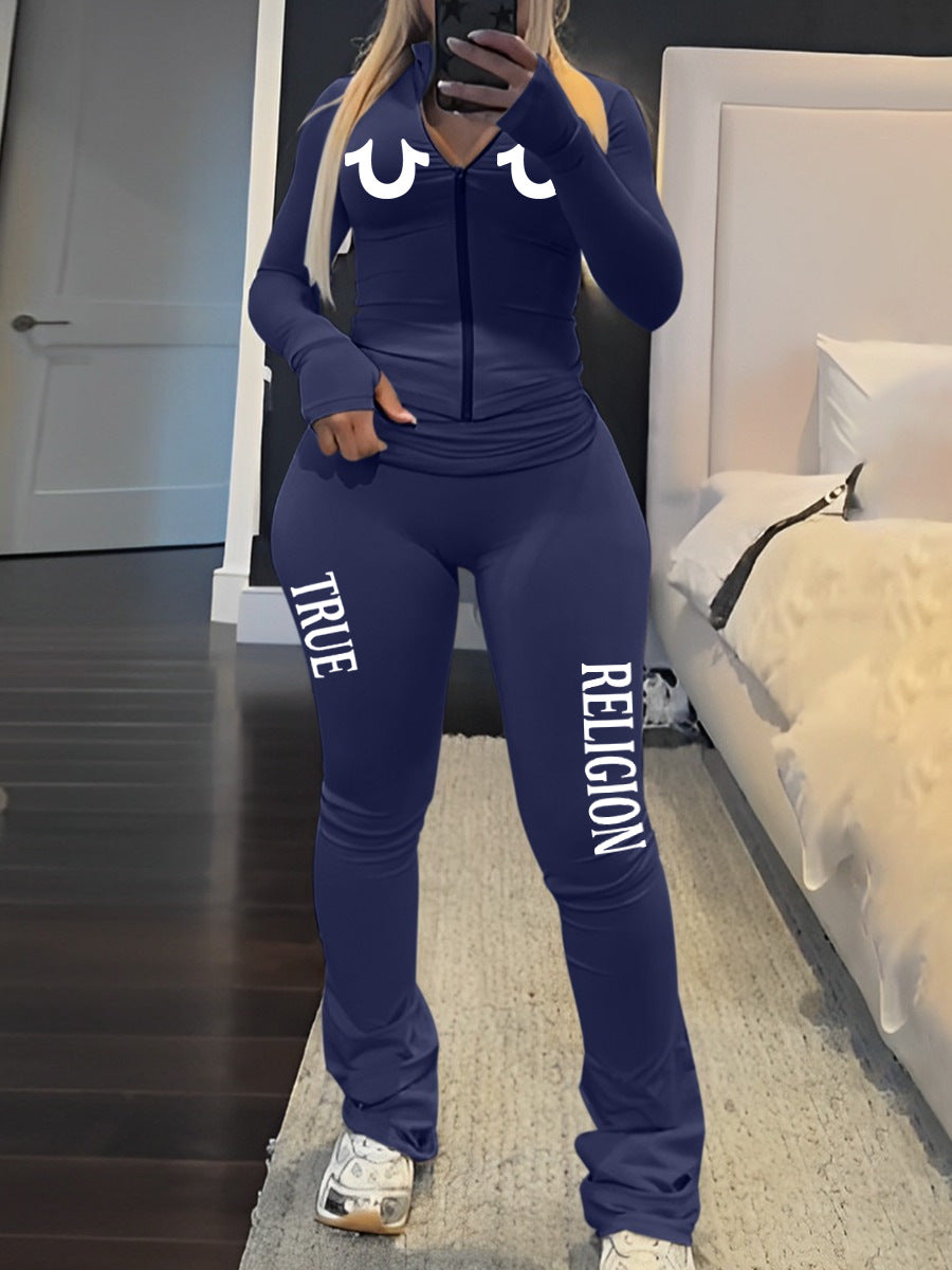 Autumn Printed Slim Sports Two Piece Pants Set 5