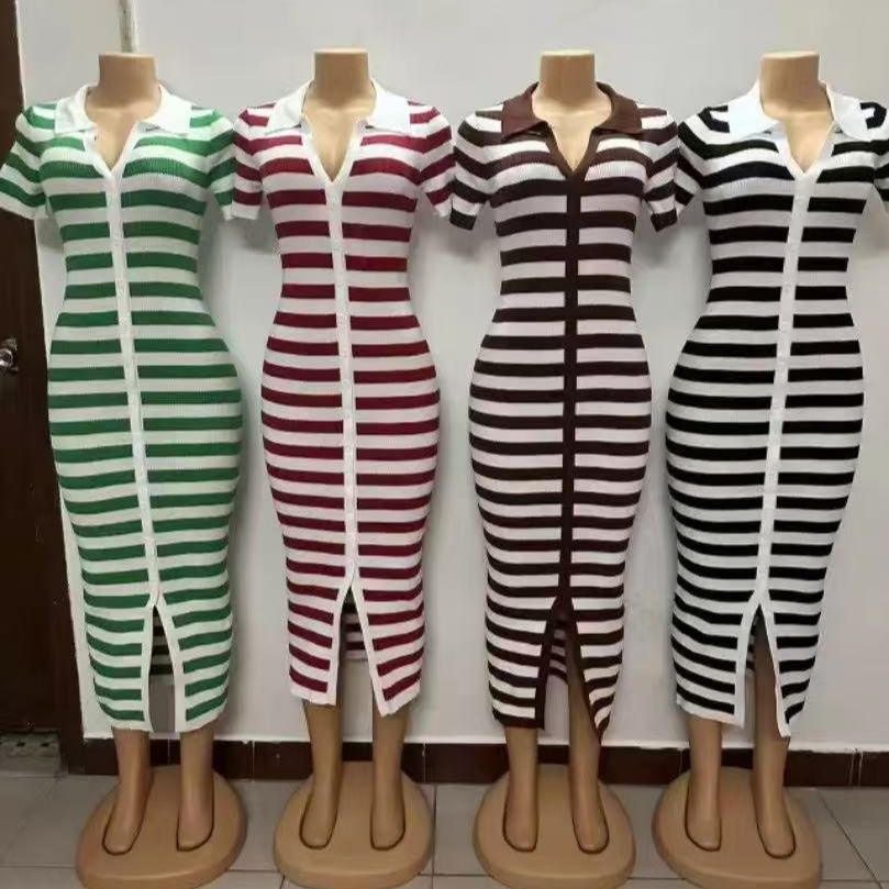 Women Summer Contrast Striped Knitted Slit Bodycon Dress 8