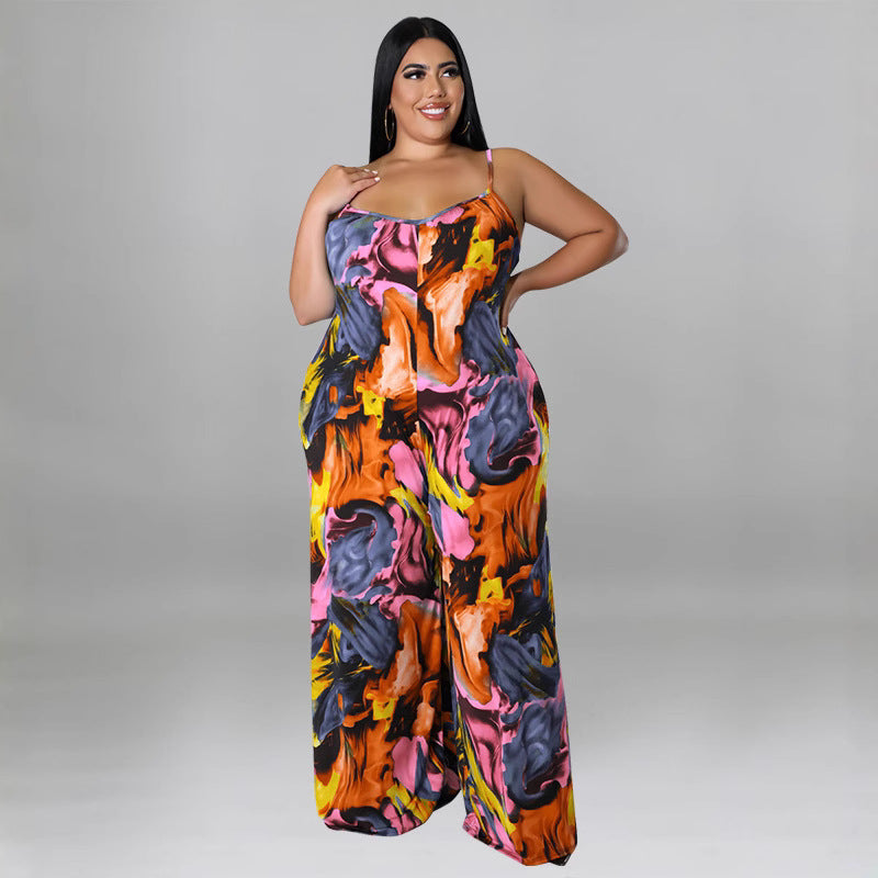 Plus Size Women summer suspender print Jumpsuit with belt 5