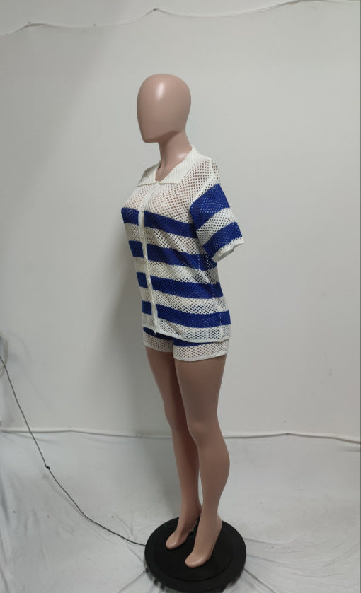 Women Sexy Hollow See-Through Turndown Collar Knitting Top and Shorts Two Piece Set 8