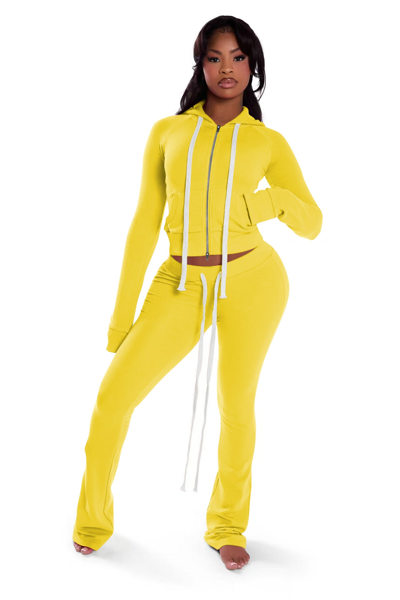 Women Zippered Hooded Top and Pant Two-Piece Set 4