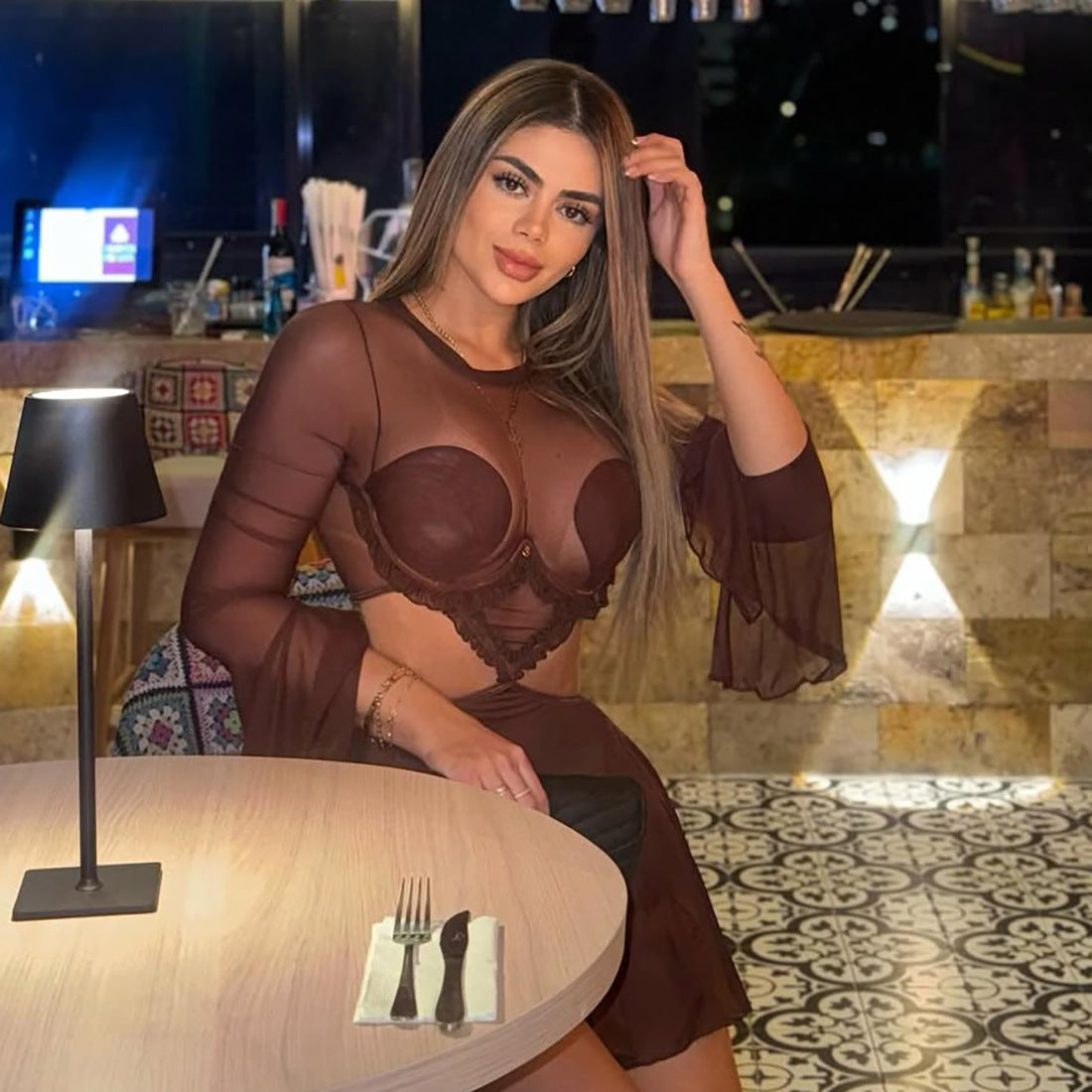 Women autumn sexy mesh patchwork see-through long-sleeved dress 4